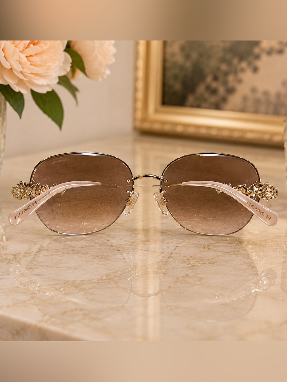 Coach Charm Story Rose Gold Rimless Floral Crystal Sunglasses w/ Case - Picture 5 of 13